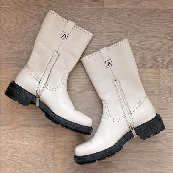 Aquatalia Lilah Leather Mid-Calf Boots Cream 7 - Picture 11 of 15